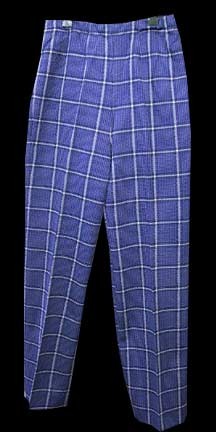 David Crystal Fashions Blue and White Stitch Vertical Line Pattern with Overlaid Wide White Plaid Lines Slacks