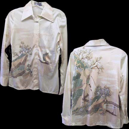 Miss Augie Tan with Wrap Around Scene of Asian Village with Man in Boat Hillside House Etc. Long Sleeve