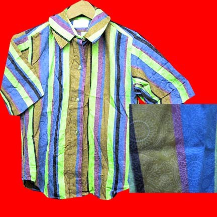 Lisa Dale vertical stripes in bright Green and Blue Brown and deep Red with background kaleidoscope pattern short sleeve shirt