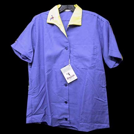 Blue with Gold Collar and Bowling Figure Women"S Bowling Shirt with Color Vented Back