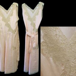 Pure Silk Peach with Tan Floral Lace Down Bust Line Scattered Bunches of large Flowers with Waist Tie Full Length Slip