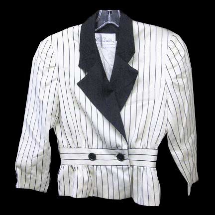 Claire Dratch White with Black Stripes and Faux Belted Two Button Waist and large Black Lapels Padded Shoulders Women's Jacket