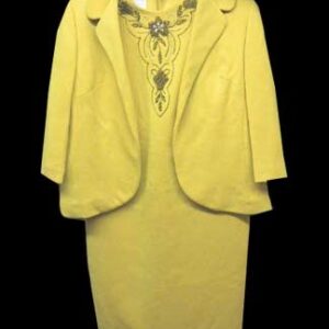 Samuel Grossman Knit Mustard Yellow with Ornate Beaded Neckline Design with Flower Dress with Matching Jacket