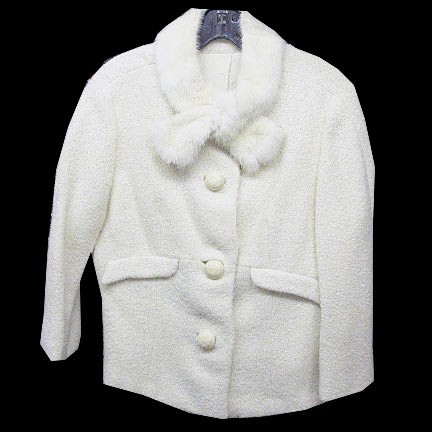 Textured White with Tie Through Loop to Make It Cross Neck Rabbit Fur Waist Jacket with large White Molded Buttons