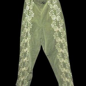 Pants By Malbe Green Velveteen with Raised Gold Metallic Stitched Flower Garlands Down Both Legs