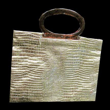 Shiny Gold 70's Alligator Skin Imprint Briefcase Style Zipper Top with Tortoise Shell Look Round Handles Valise