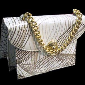 Two Tone Brown Squiggle Over White with Gold Chain and Gold Flower Fold Over Clasp