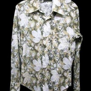 Mcgregor Bonnie Knit Brown Tan and Green Sponged Background with Block Print Look White Leaves Long Sleeve