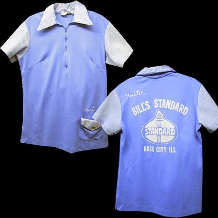 King Louie Double Knit Light Blue Stitched Bert with Keister Applied Bills Standard Rock City Ill Standard Oil Bowling Shirt