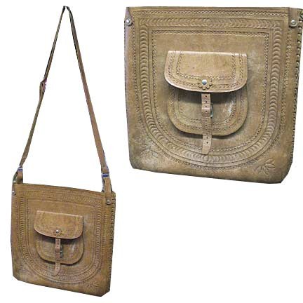 Super Hand Tooled Simple Heavy Hard Leather Pouch with Front Strap Close Pocket