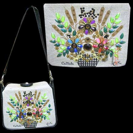 Collins (Enid) of Texas "Cattails" Faux Stone Decorated Shoulder and Carry Purse Bag