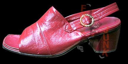 Shiny Mod Red Vinyl Open Toe Belt Strap to Thinner Heel Strap Open Toe Heeled Sandal Shoes with Gold Wreath Buckle on Side