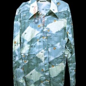 Haband Green and Off White Sponged Blocks with Scattered Flowers in Grass Scenic Long Sleeve