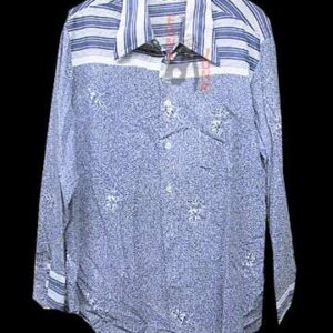 JC Penney White with Blue Horizontal Lines Blue and White Mosaic Base with Occasional White Double Leaves Long Sleeve