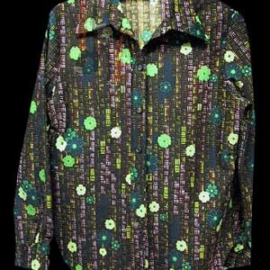 Sears Yellow & Brown Bamboo Thatching with Various Greens Flowers Long Sleeve Blouse