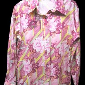 Lady Manhattan Vertical Pink & Yellow Streaks with Pink White & Orange Various Size Flower Overlay Long Sleeve Blouse