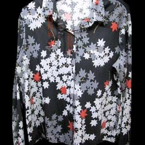 Alex Coleman Black with Two Tone Grey Leaves with Occasional Deep Red Leaf Long Sleeve Blouse