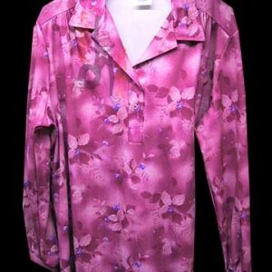 Nikki Sponged Raspberry with Lighter and Darker Leaves with small Blue Flower Long Sleeve Blouse
