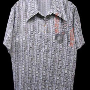 Jantzen 100 60's Knit Vertical Bars with Block and Snowflake Prints in White Over Brown Short Sleeve