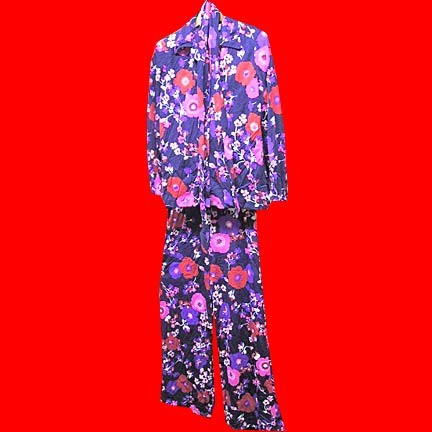 Jack Berr Purple with Pink Purple Red etc color flowers in various sizes long sleeve blouse with matching bell bottom slacks