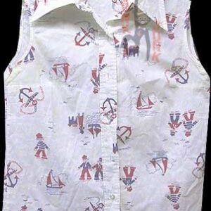 100% Cotton White with Cute Illustrated Boy and Girl Sailors and Boats on Water Sleeveless Button Down Blouse
