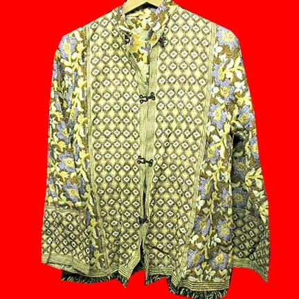 Yellow Brown and Blue diamond panels with Blue with Gold flowers on stems sides clasp closure cloth jacket with Nauru collar
