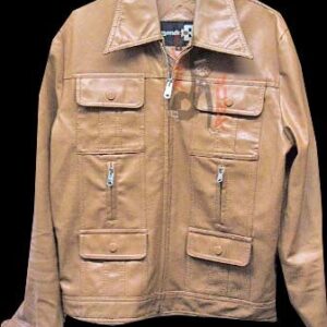 Bonds Slight Orange Brown Vinyl Zip Jacket with 6 Front Pockets with Yellow Stitch Edges and Vertical Zipper Center Pockets