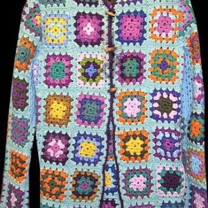 Crochet Blocks in Multi Colors with Bursting Centers on Aqua Background Button Front Long Sleeve Jacket Sweater