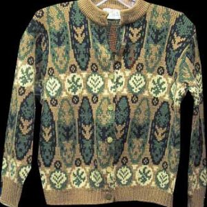 James Kenrob Tan with Green Black and Off White Traditional Winter Print Thick Button Front Women's Sweater