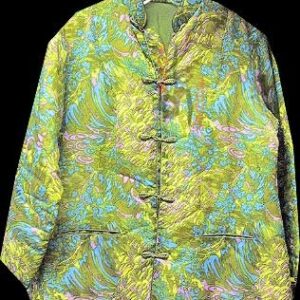 Green with Psychedelic Swirls in Pink Aqua and Yellow Quilted Asian Knot Tie Oriental Style Jacket