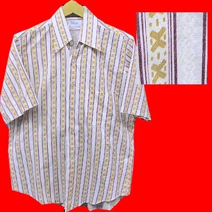 Filenes vertical bar pattern White quilted look diamond pattern Purple edge bar with connected Gold crosses short sleeve shirt