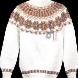 Dj Hand Knit in Denmark White with Brown on Orange Hexagons Chest and Shoulder with Matching Cuff and Waist Trim 70s Sweater