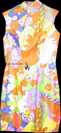 Near One of a Kind Asian Styled Snap Neck Mandarin Collar Super Mod Hot Color Flower Pattern Go Go Length Dress small Slit Side