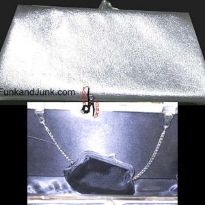 Shiny Silver with Rhinestone Center Double Snap Top Clutch with Fold in Chain and Attached Chain Purse