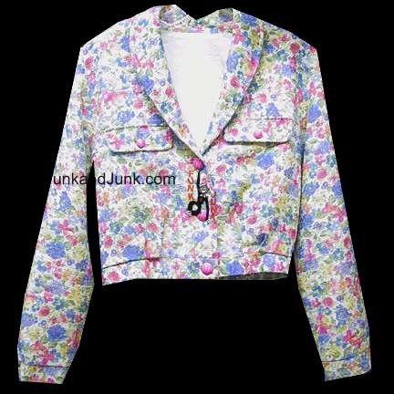 Textured White with Fully Pastel Flowers Cropped Waist Jacket with 2 Faux Pockets and large Textured Pink Buttons Woman's Jacket
