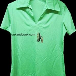 Green V Neck with Outline Piping Long Collar 70's Light Short Sleeve Blouse