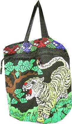 Beaded Tiger with Tree Pull String and Handle Carry Bag Purse