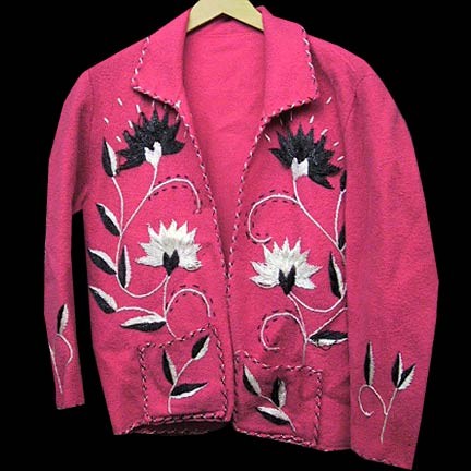 Pink with stitched flowers and vines in Black and White with sleeve details open front jacket