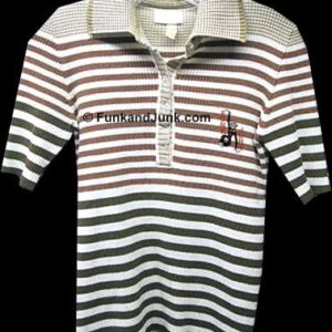 Staran White and Various Brown Horizontal Lines Knit Banlon Era Short Sleeve Shirt with Textured Collar
