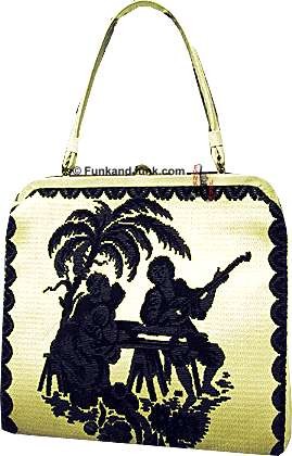 White Cloth Background with Tapestry Look Couple Done in Black with Man Playing Lute to Woman Under Palm Tree large Purse