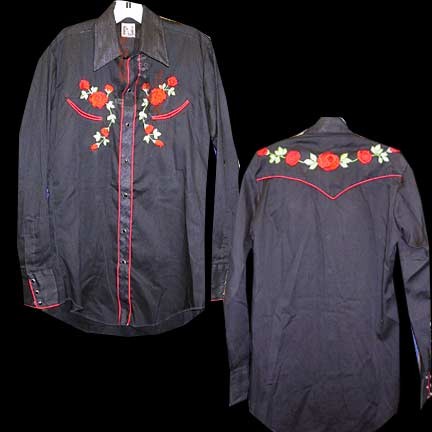 Karman Black with Red Edging and large Red Roses on Green Vines Chest and Yoke Stitching Western Long Sleeve