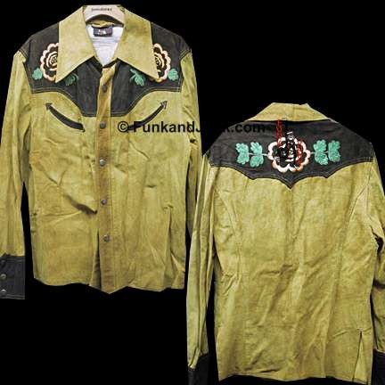 Saxony Gold Suede with Brown Chest and Yoke with Orange Embroidered Flowers Western Style Snap Shirt Jacket Curved Brown Pockets