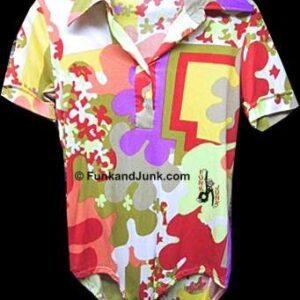 Stretch Nylon Import Mod Color Puzzle Pieces Snap Crotch Unitard Short Sleeve Blouse