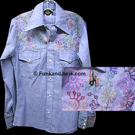 Sears Western Light Denim with Stitched Spoke Design in Multi Colors Yoke Western Long Sleeve Shirt