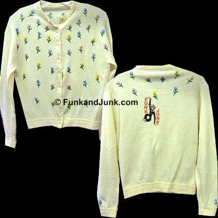 Off White with Stitched Colored Flowers on Stems and Faux Pearl Buttons Woman's Sweater