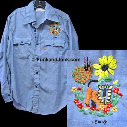 Levi Classic Denim Button Up Long Sleeve Shirt with Leo the Lion Zodiac Picture and Name Embroidery