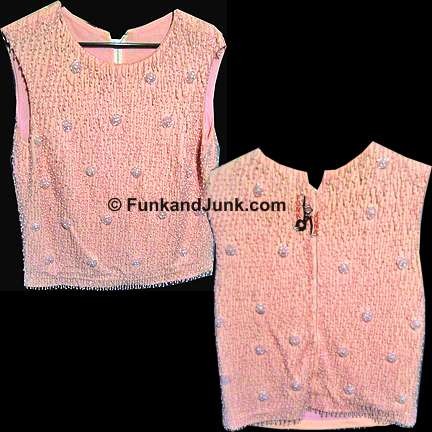 Pink Heavily Beaded Flowers in Rain Storm Lined Sleeveless Top