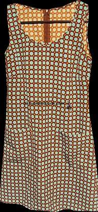 Brown Background with Blue Squares and Circles with White Corner "Bones" Sleeveless Dress
