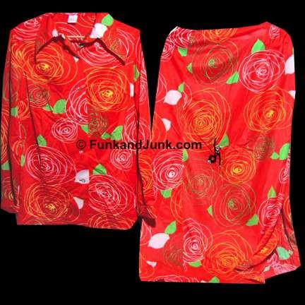 Jantzen Bright Orange with Green & Yellow Spirograph Flowers and Green Leaves Long Sleeve Blouse and Matching Skirt Suit