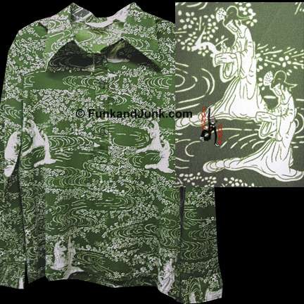 Alex Coleman Green with Pair of Geisha at Rivers Edge with Blossoms Long Sleeve Disco 1/2 Button Blouse